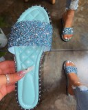 women Round head flat bottom rhinestone slippers beach slippers Plus Size one-line rhinestone slippers