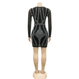 Fashion Nightclub Beaded Mesh See-Through Long Sleeve Bodycon Midi Dress