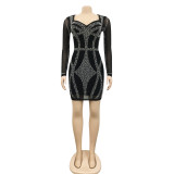 Fashion Nightclub Beaded Mesh See-Through Long Sleeve Bodycon Midi Dress