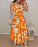 Women V-neck Sleeveless Print Belted Dress