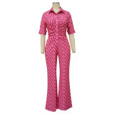 Women Turndown Collar Sexy Slim Print Wide Leg Jumpsuit