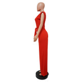 Women Solid Color One Shoulder Wide Leg Jumpsuit