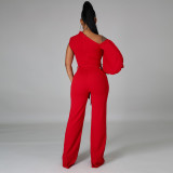 Women Solid Color One Shoulder Wide Leg Jumpsuit