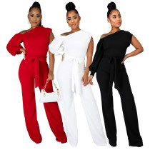Women Solid Color One Shoulder Wide Leg Jumpsuit Women Solid Color One Shoulder Wide Leg Jumpsuit