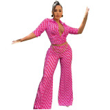 Women Turndown Collar Sexy Slim Print Wide Leg Jumpsuit