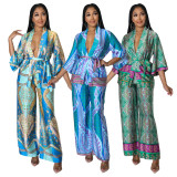 Women Long Sleeve Printed Top + Wide Leg Pants Two Piece Set