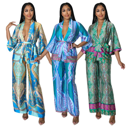 Women Long Sleeve Printed Top + Wide Leg Pants Two Piece Set