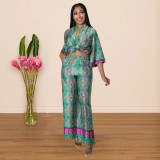 Women Long Sleeve Printed Top + Wide Leg Pants Two Piece Set