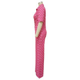 Women Turndown Collar Sexy Slim Print Wide Leg Jumpsuit