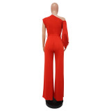 Women Solid Color One Shoulder Wide Leg Jumpsuit