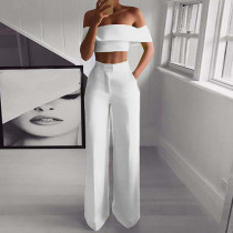 Women Elegant Off Shoulder crop top+ Loose Pants Two Piece Women Elegant Off Shoulder crop top+ Loose Pants Two Piece