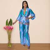 Women Long Sleeve Printed Top + Wide Leg Pants Two Piece Set