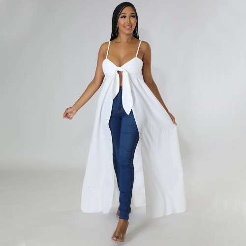 Women Sexy Straps Irregular V-neck Slit Long T-Shirt