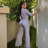 Women Turndown Collar Sexy Slim Print Wide Leg Jumpsuit