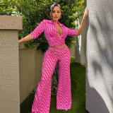 Women Turndown Collar Sexy Slim Print Wide Leg Jumpsuit