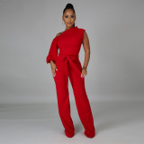 Women Solid Color One Shoulder Wide Leg Jumpsuit