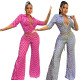 Women Turndown Collar Sexy Slim Print Wide Leg Jumpsuit