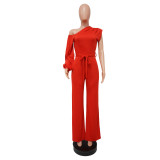 Women Solid Color One Shoulder Wide Leg Jumpsuit