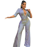 Women Turndown Collar Sexy Slim Print Wide Leg Jumpsuit