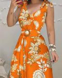 Women V-neck Sleeveless Print Belted Dress