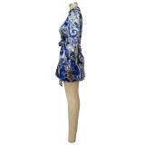 Women Printed V-neck Tie Waist Long Sleeve Irregular Dress