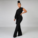 Women Solid Color One Shoulder Wide Leg Jumpsuit