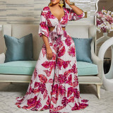 Women Printed V-neck Lace-Up Top + Wide Leg Pants Two-Piece Set