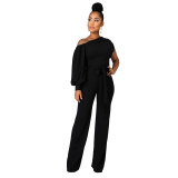 Women Solid Color One Shoulder Wide Leg Jumpsuit