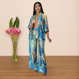 Women Long Sleeve Printed Top + Wide Leg Pants Two Piece Set