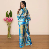 Women Long Sleeve Printed Top + Wide Leg Pants Two Piece Set
