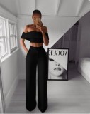 Women Elegant Off Shoulder crop top+ Loose Pants Two Piece