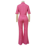 Women Turndown Collar Sexy Slim Print Wide Leg Jumpsuit