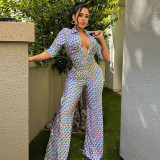 Women Turndown Collar Sexy Slim Print Wide Leg Jumpsuit