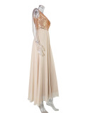 Women clothes Sexy Sequin Striped V-Neck Embroidered Formal Party Long Dress