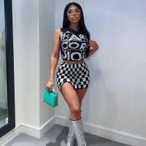 Women clothes Fashion Print Sleeveless Vest Checker Mini Slit Skirt Two Piece Set Women clothes Fashion Print Sleeveless Vest Checker Mini Slit Skirt Two Piece Set