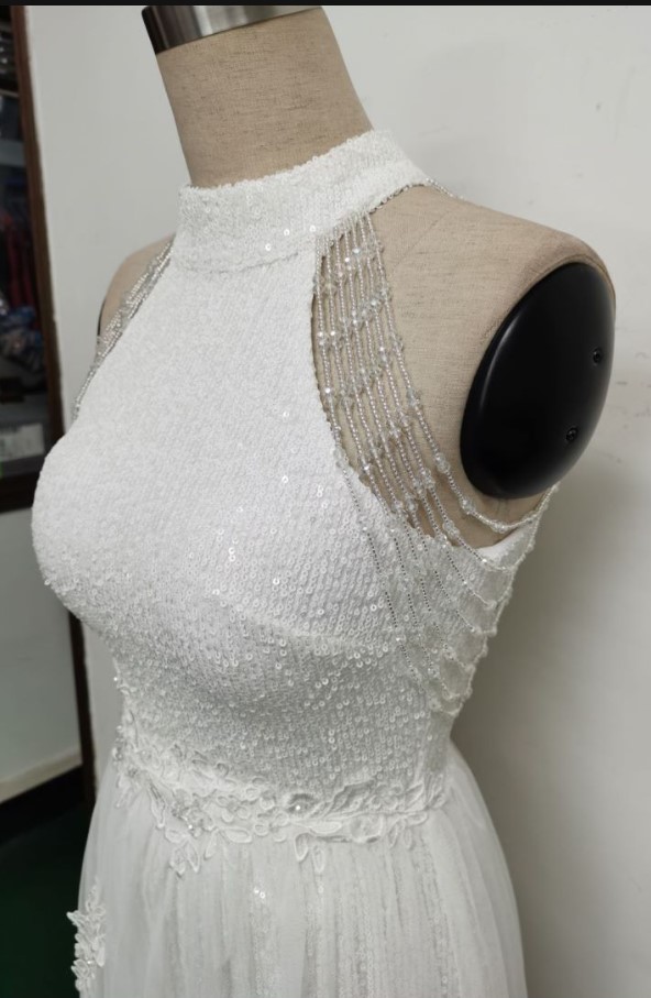 Summer Occassional White Sequin Mesh Patch Halter Evening Dress