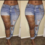 Women Chain Charm Stretch Ripped Denim Pant