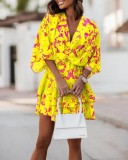 Women Fall V-neck Loose Bat Sleeves Print Dress