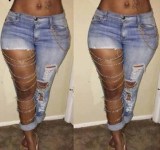 Women Chain Charm Stretch Ripped Denim Pant