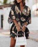 Women Fall V-neck Loose Bat Sleeves Print Dress