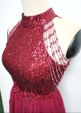 Summer Occassional Red Sequin Mesh Patch Halter Evening Dress