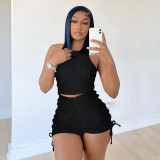 Women Solid Tank Top + Shorts Pleated Two-Piece Set