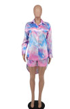 Women Chic Print Long Sleeve Shirt + Shorts Two Piece Set