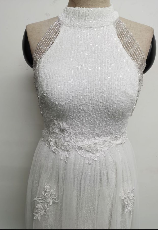 Summer Occassional White Sequin Mesh Patch Halter Evening Dress