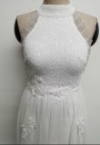 Summer Occassional White Sequin Mesh Patch Halter Evening Dress