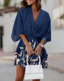 Women Fall V-neck Loose Bat Sleeves Print Dress