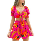 Women Clothes Lace Up Short Summer Sleeve Print Suit Shorts V-Neck Top Two Piece Set