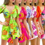 Women Clothes Lace Up Short Summer Sleeve Print Suit Shorts V-Neck Top Two Piece Set
