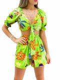 Women Clothes Lace Up Short Summer Sleeve Print Suit Shorts V-Neck Top Two Piece Set