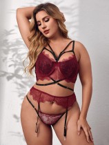 Sexy Plus Size Women Burgundy Lace Bikini Lingerie Set